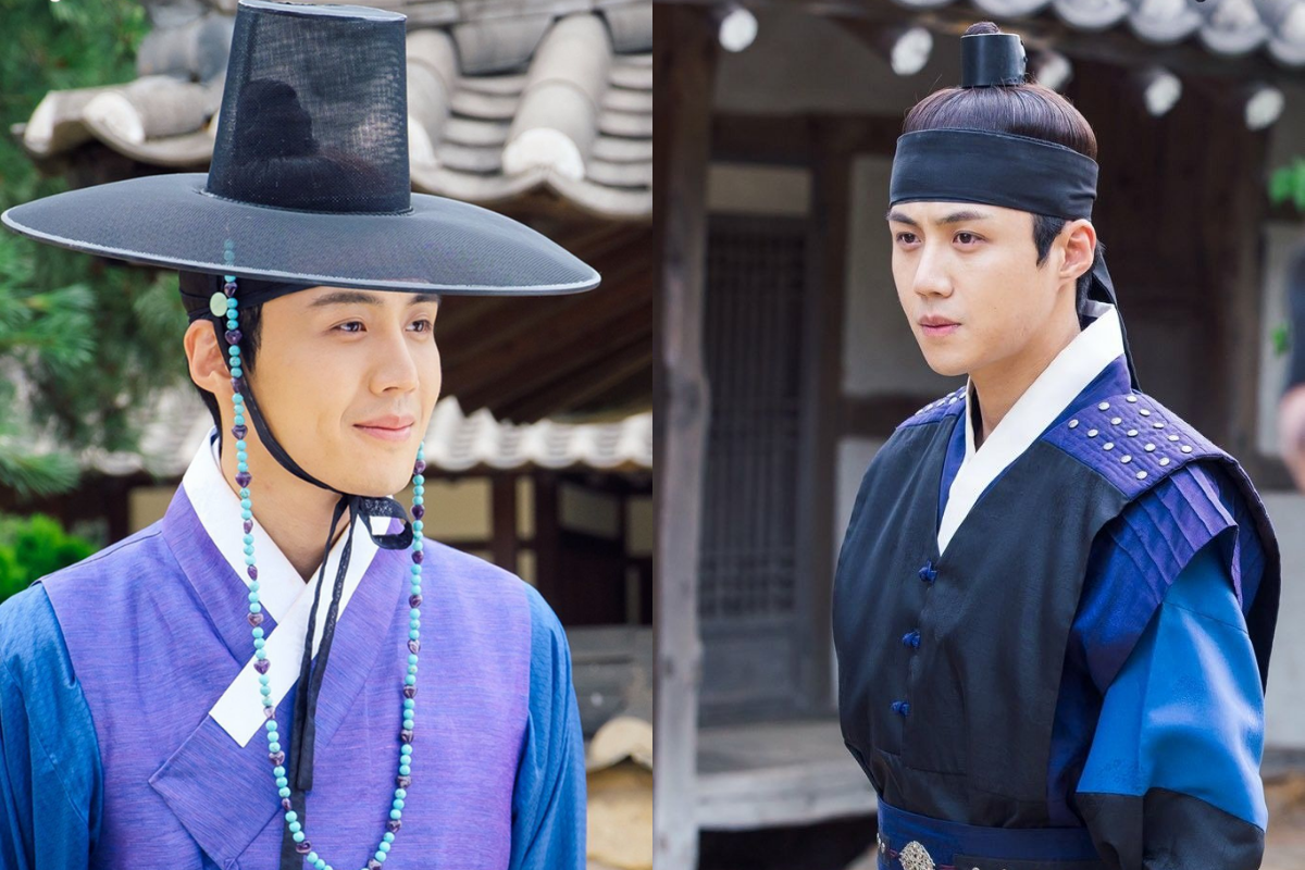 Ким Сон Хо в сериале '100 дней моего принца', исторический костюм Чосон со шляпой и традиционным корейским двором, 2018 год