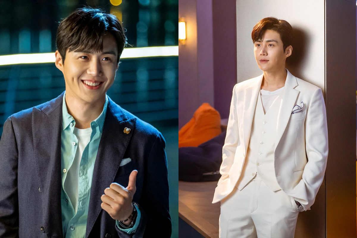 Ким Сон Хо в сериале 'Стартап', персонаж в белом костюме с элегантным стилем в современном офисном интерьере, 2020 год