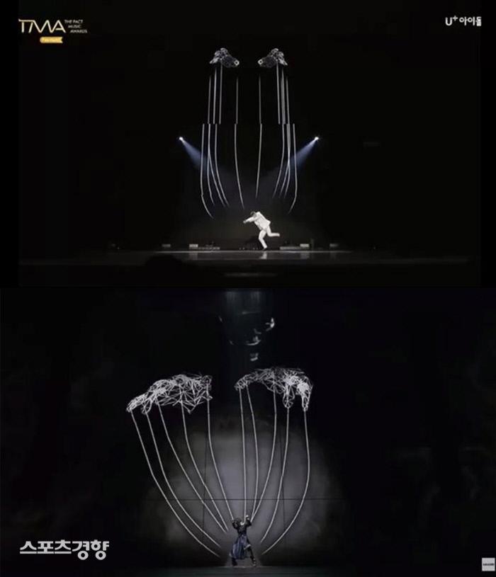 ASTROメンバーのムンビンがTHE FACT MUSIC AWARDSで披露したソロステージ。大型スクリーンを背景に、マリオネットのような動きをするムンビンのパフォーマンス。