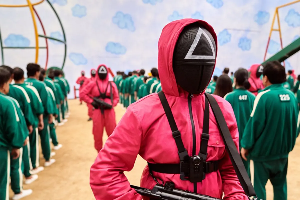 粉紅色衣著的警衛與穿綠色運動服的參賽者在遊戲場地，《魷魚遊戲》場景之一，來自Netflix影集。