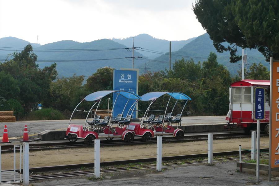 原州鐵路腳踏車在平靜山林中運行，提供獨特的旅遊體驗。
