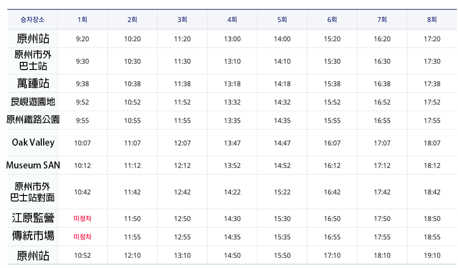 原州觀光巴士站點的時間表，提供便利的旅遊時間規劃。