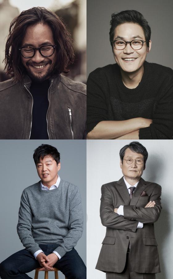 Disney+オリジナルシリーズ『ムービング』出演者のプロモーション写真。俳優リュ・スンボム、キム・ソンギュン、キム・ヒウォン、ムン・ソングンが異なる場面で撮影されている。