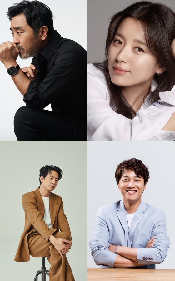 Disney+オリジナルシリーズ『ムービング』出演者のフォーマルなプロモーション写真。俳優リュ・スンリョン、ハン・ヒョジュ、チョ・インソン、チャ・テヒョンがそれぞれ異なる背景で撮影されている。