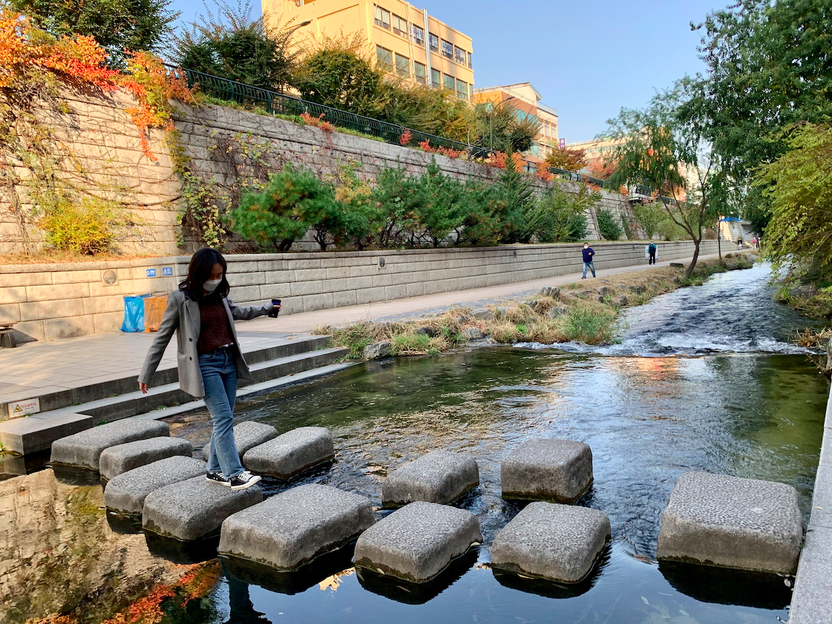 Dòng suối Cheonggyecheon vào mùa thu, địa điểm lý tưởng để đi dạo ở Euljiro, Seoul.