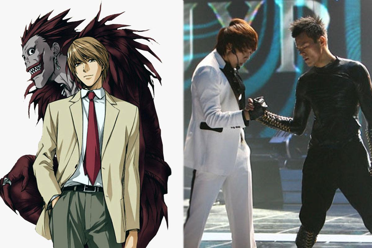 ภาพจากอนิเมะ Death Note ด้านซ้ายคือไลท์ยางามิพร้อมริวคุ และด้านขวาเป็นศิลปินสองคนในคอนเสิร์ตที่มีการแสดงออกเหมือนฉากในเรื่อง