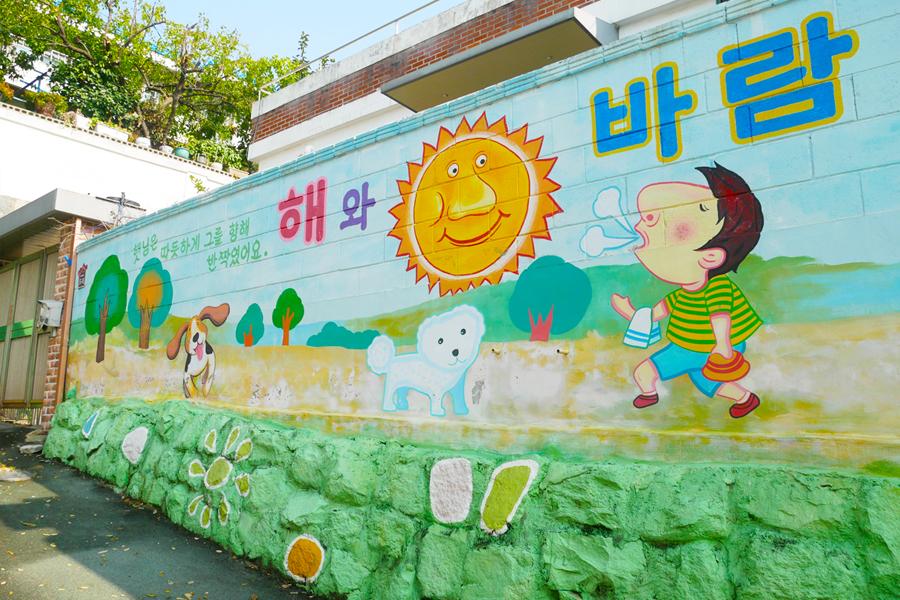 松月洞童話村小房子外牆上的壁畫，描繪森林裡的一對兄妹，讓旅客情不自禁回憶童年。