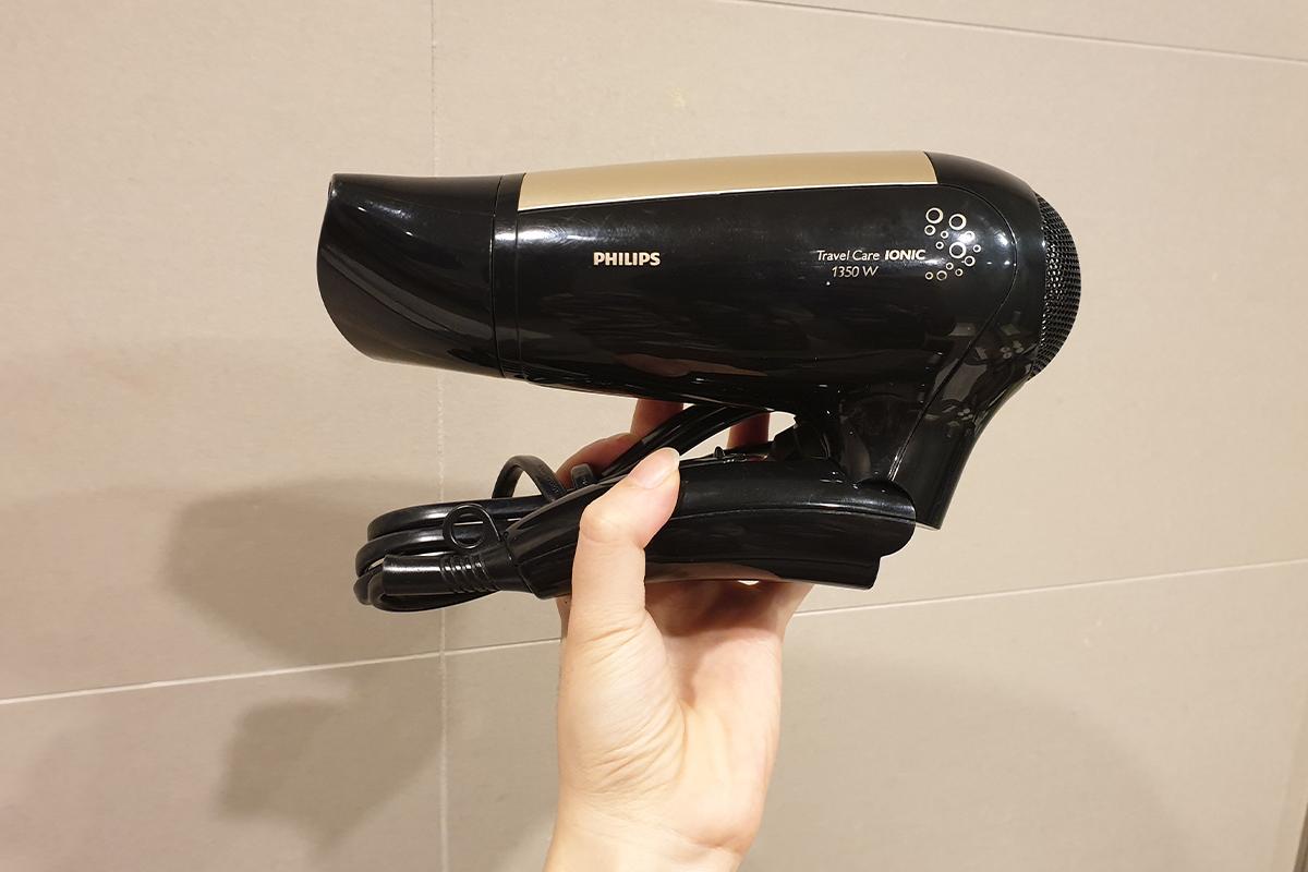 A compact hair dryer.