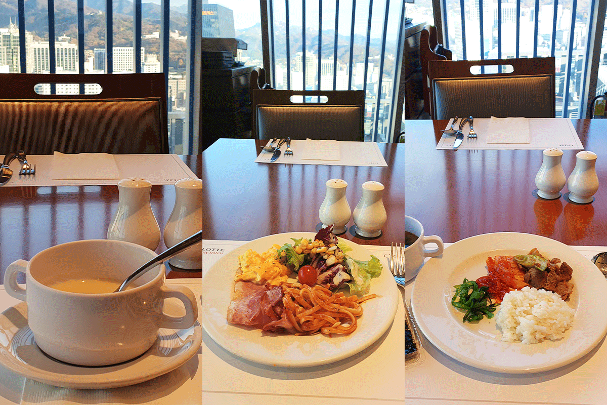 A cream soup, Western food, and Korean food we ate during breakfast.