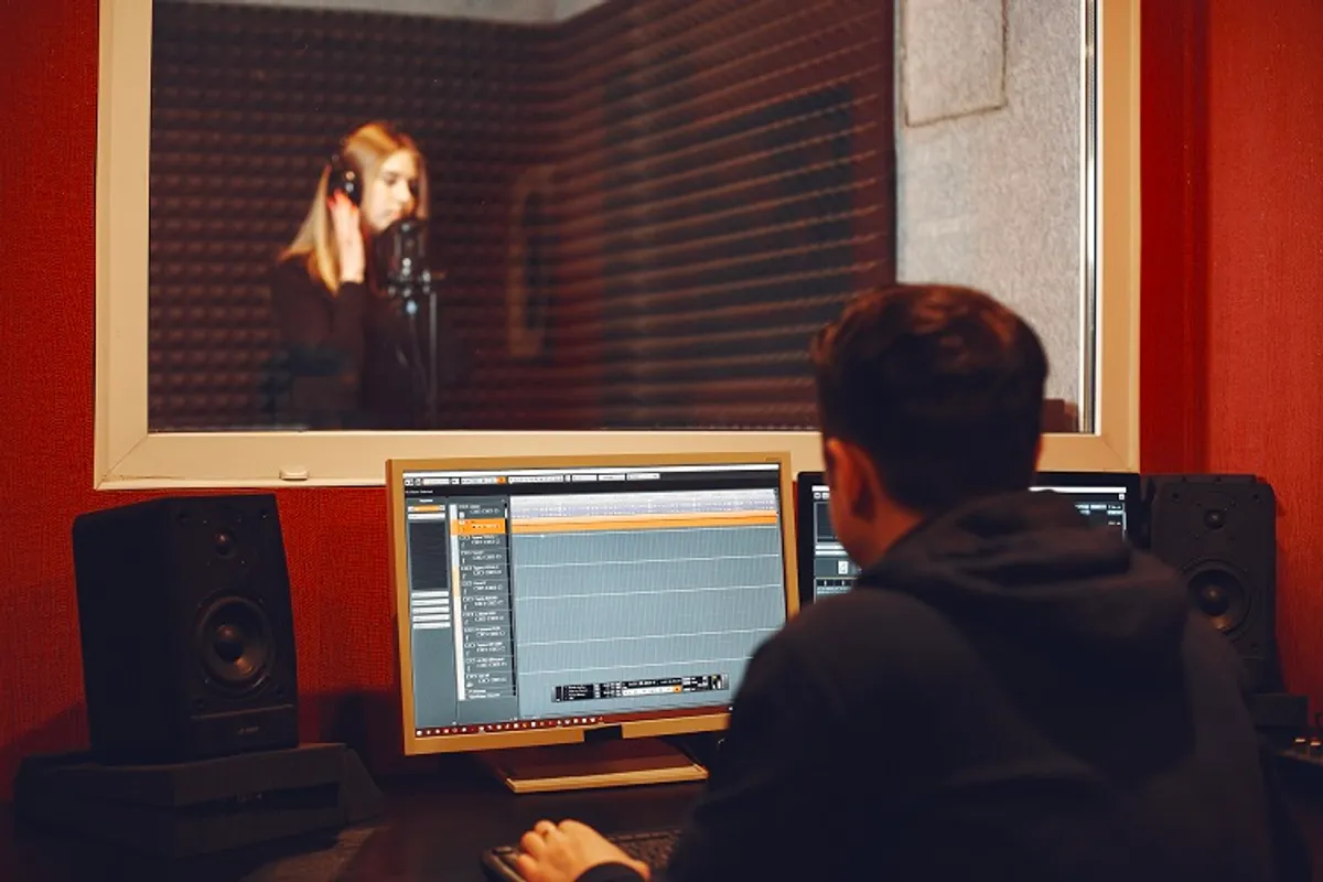 在混音棚中,一位技術人員在監控錄音過程,展示赫馬音樂工作室的專業錄音設備。