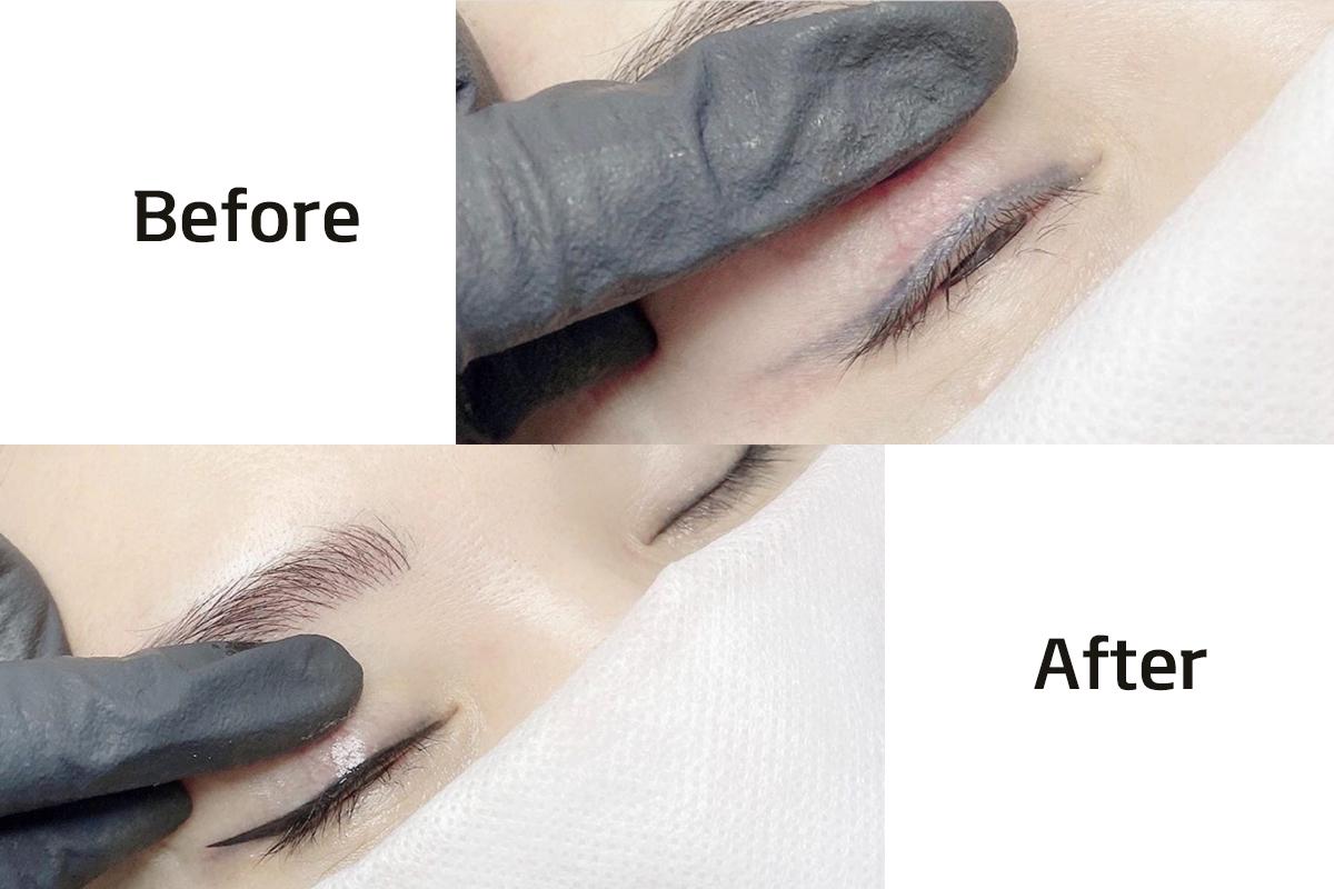 韓国ソウルのメイクアップサロンでの施術前後比較写真。目の周りへのアートメイクの効果を示しています。