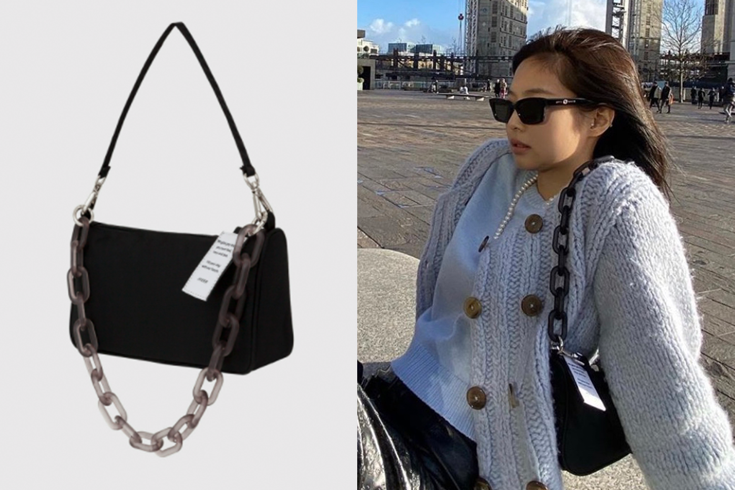 ジェニが愛用するNIEEHのエンベロープバッグ。ビーガンレザーで作られた耐久性のあるユニークな鞄です。