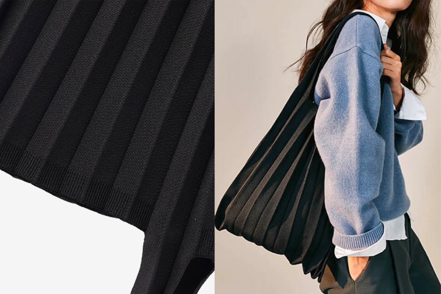 Вязаная сумка с плисовой текстурой от экологического бренда Pleats Mama, сделана из переработанных материалов.