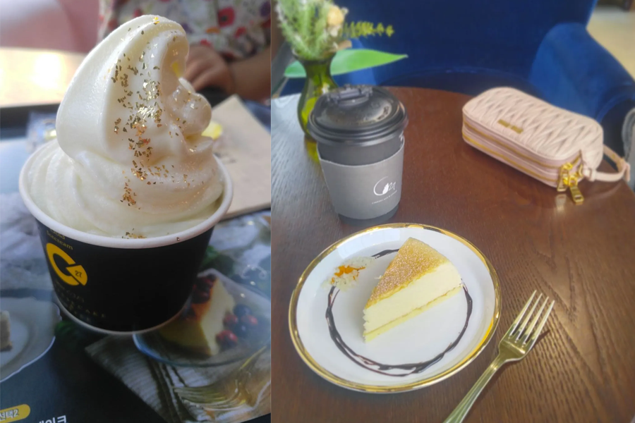 Gold-flecked vanilla soft serve and a slice of classic cheesecake served at C27 Cheesecake & Coffee in Incheon.