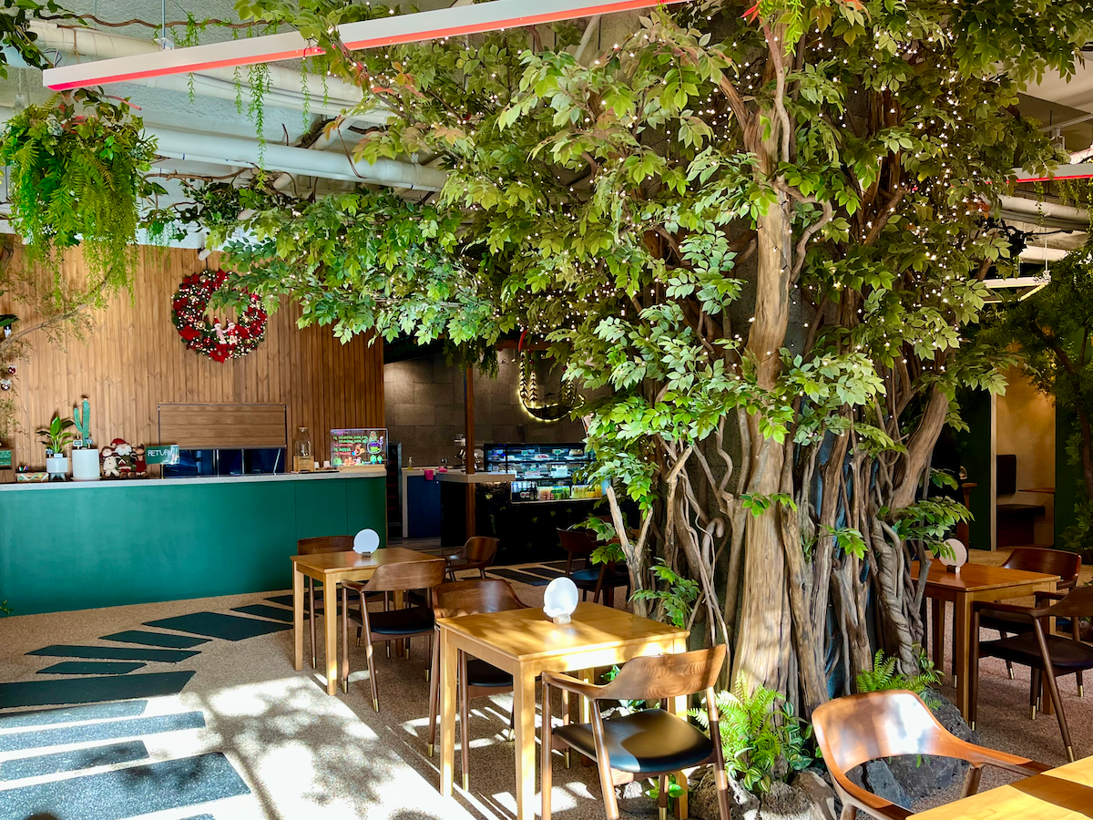 Interno del caffè Mountain Nook a Seoul, decorato come una foresta