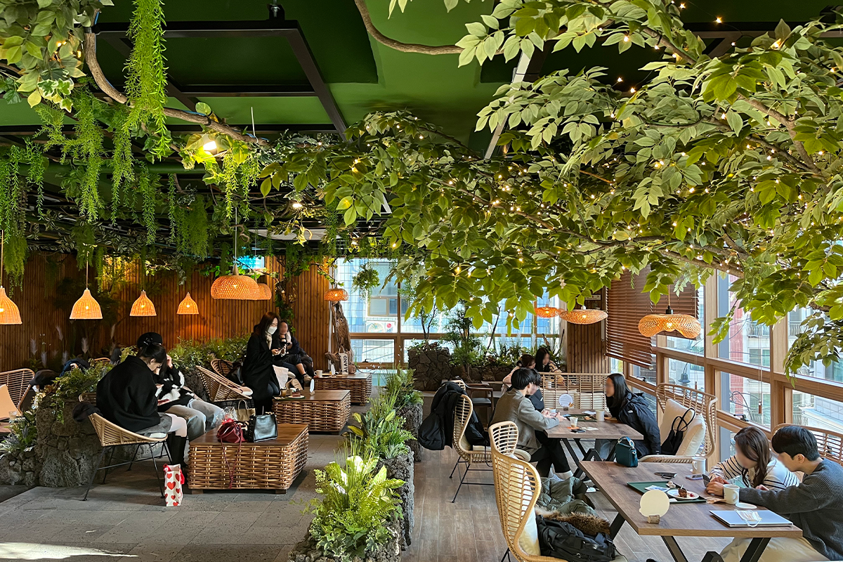 Secondo piano del caffè Mountain Nook con decorazioni naturali a Seoul
