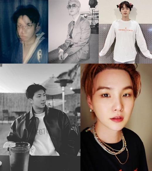 BTSメンバーのジョングク、ジミン、ジン、RM、SUGAのInstagram投稿写真キャプチャー。ファンとのコミュニケーションを楽しんでいる様子。