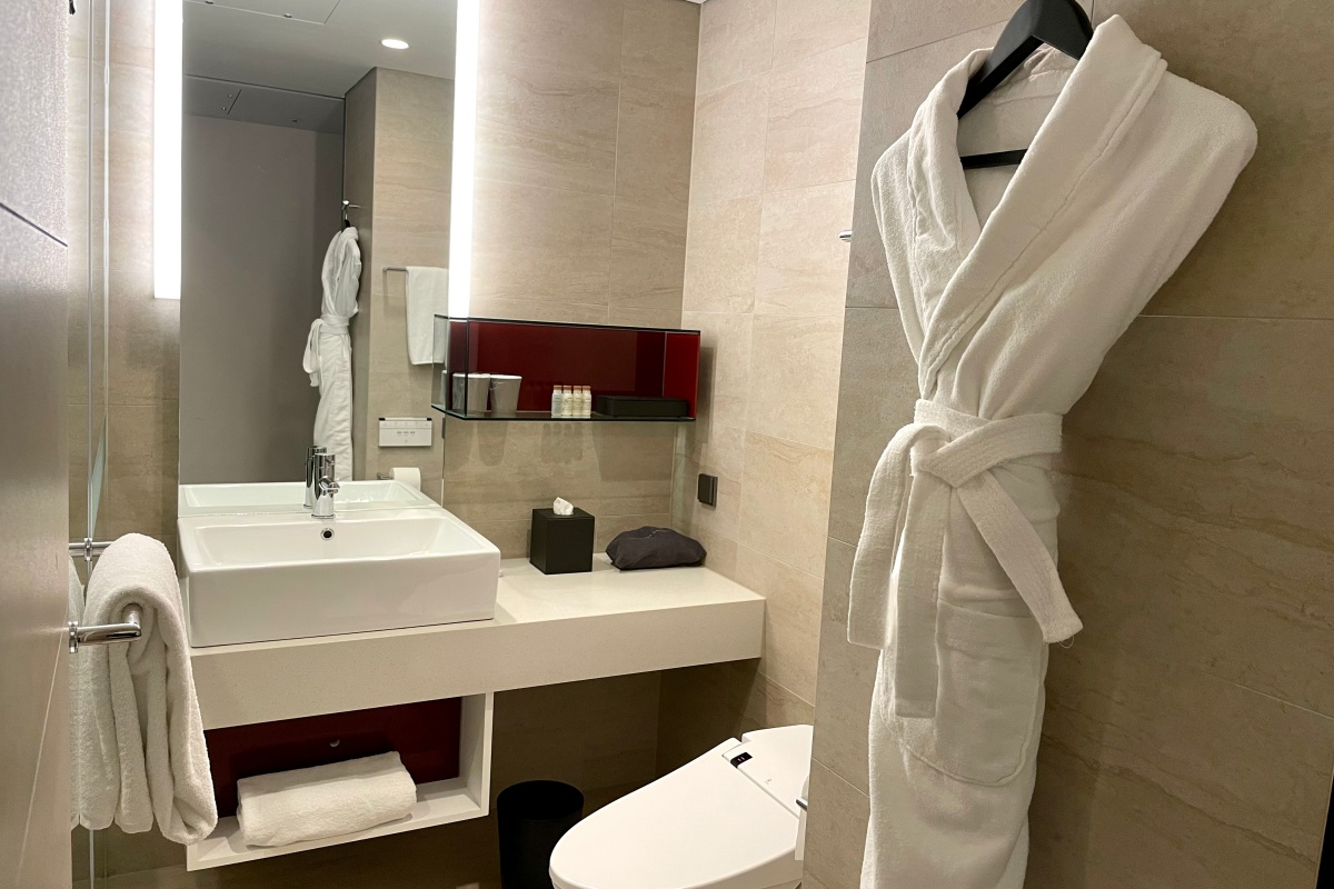 The entrance of the bathroom with a bath robe hanging on the right side of the screen. The bathroom is small, simple and modern.