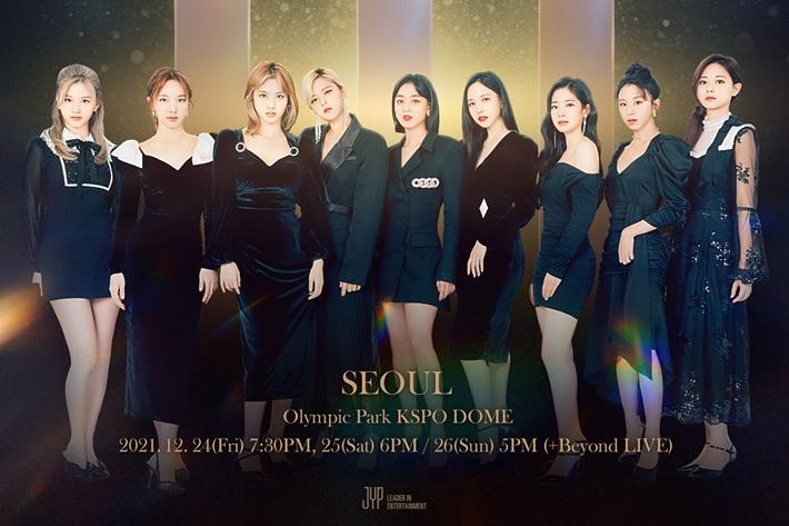 TWICEのワールドツアー「Ⅲ」のソウル公演中止のお知らせを示すポスター。公演は2021年12月24日から26日まで予定されていました。