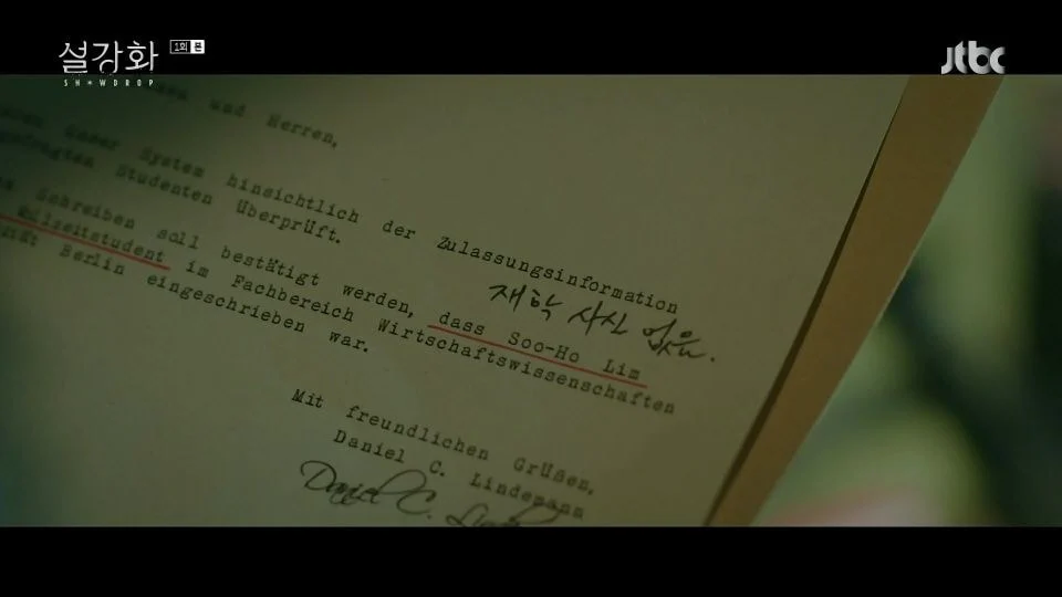 電視螢幕顯示的近拍文字，不同顏色標示的拼音字母與德文文字，透露出韓劇《雪降花》的某個故事情節。