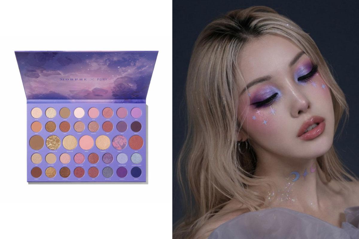 MORPHE X PONY CONSTELLATION SKY ARTISTRY PALETTE,眼影盤展示多種色彩使用於陰影、眼影、腮紅和高光中。