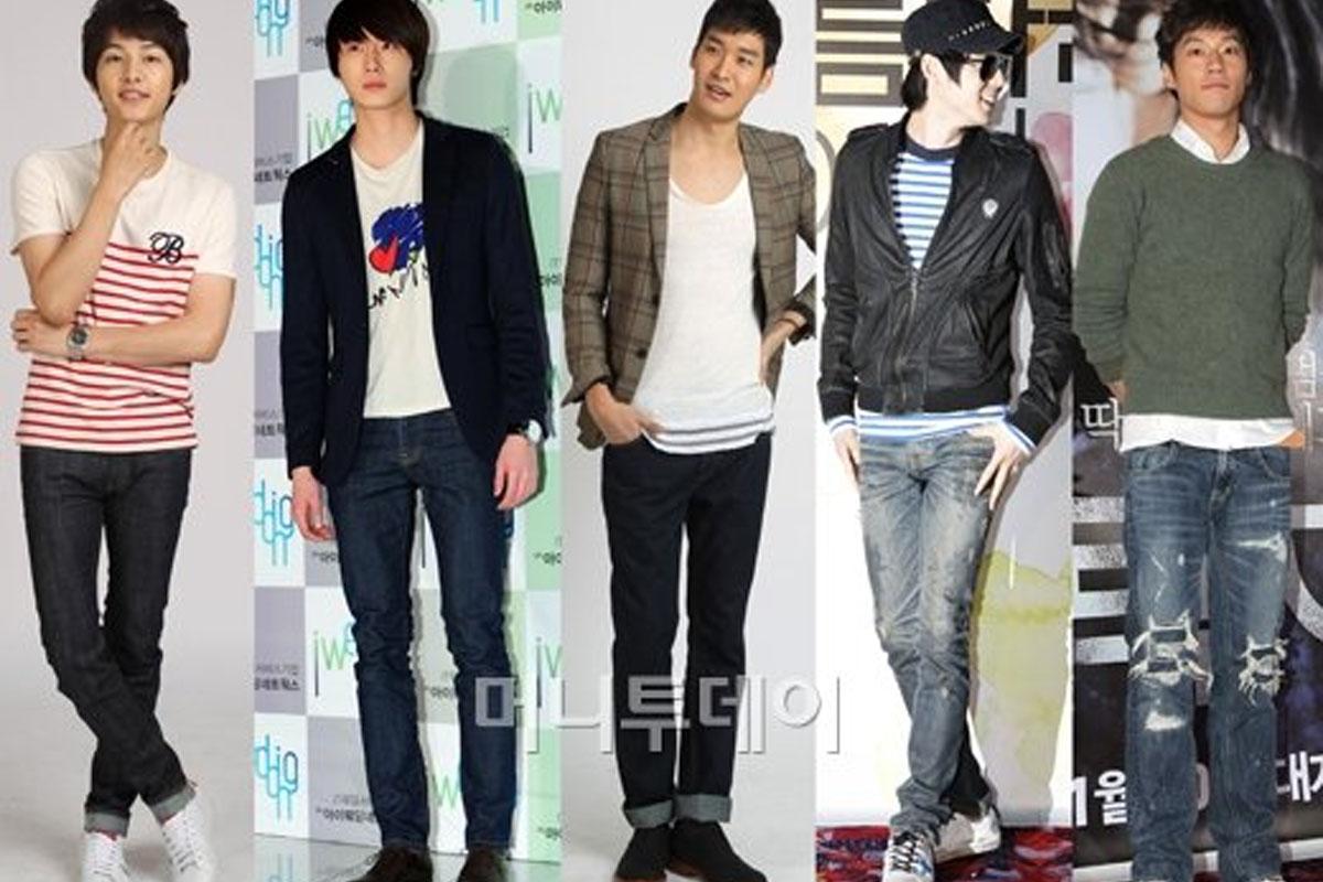 2010年代の韓国ファッションスタイルを反映した異なるスタイルの男性たちが集まった画像。トレンディな衣類と個性を活かしたファッションを強調しています。