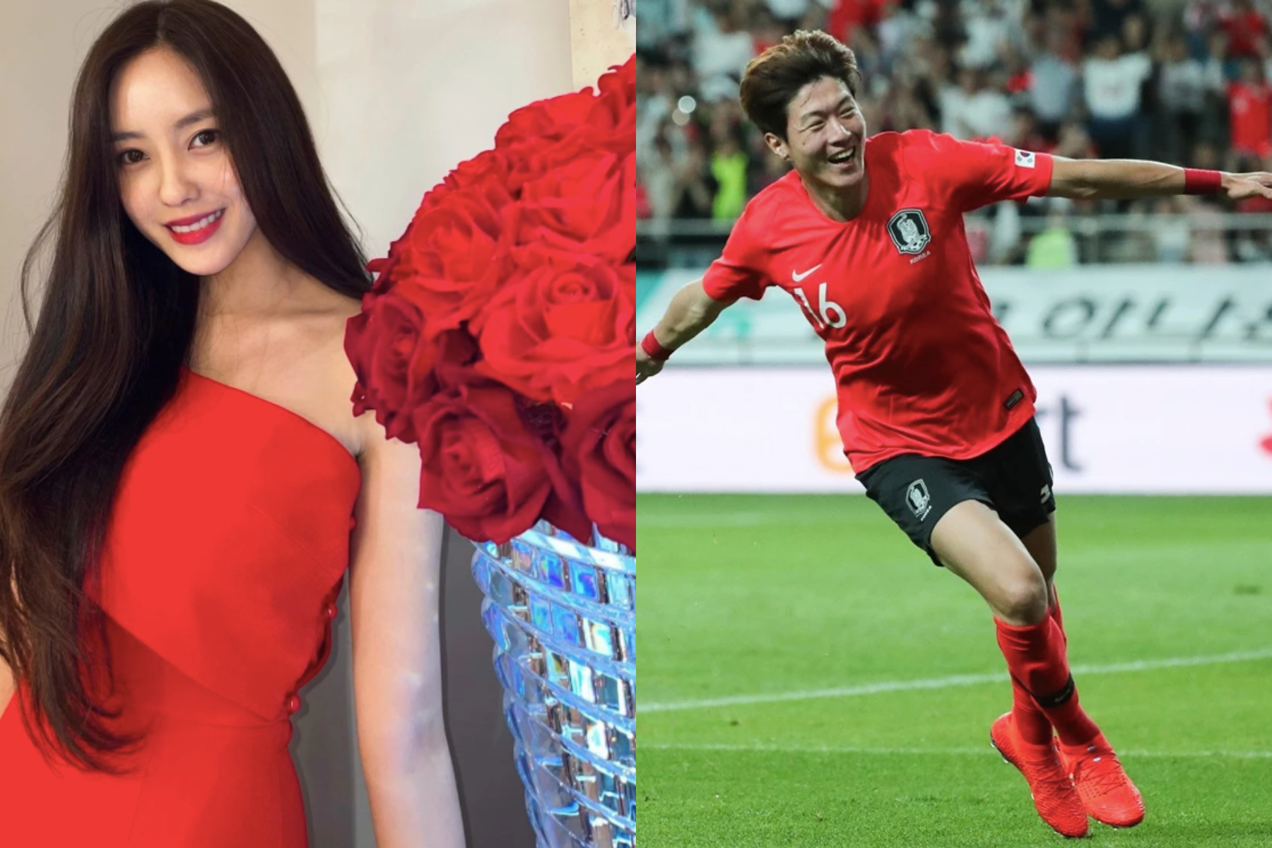 T-ara孝敏穿红色礼服，旁边是一束红玫瑰的照片。这张照片展现了孝敏的优雅与女性魅力。