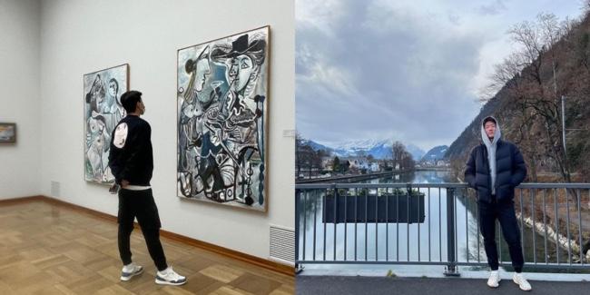 美術館で絵画を観賞する男性と、アルプスの川辺で撮影された男性の写真のコラージュ。