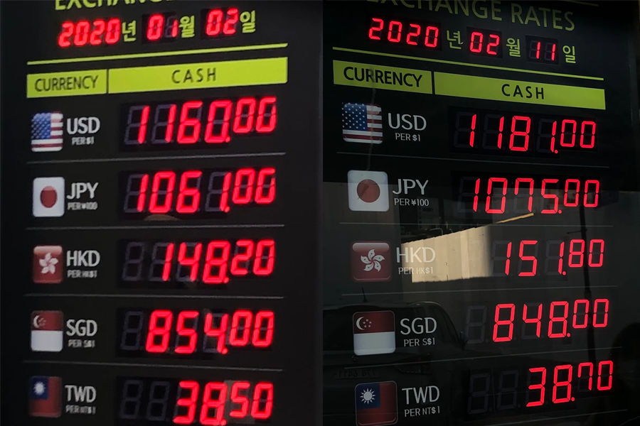 2020年韩国大使馆与其他换钱所的货币兑换率对比，显示出2020年早期的台币兑韩元汇率为38.50的明显差异。