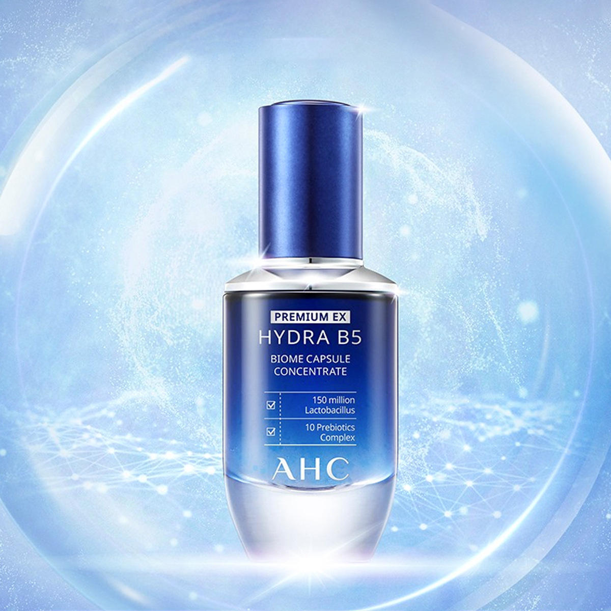 AHC Hydra B5 Biome Capsule Concentrate dalam botol biru, produk skincare untuk kulit halus dan lembut.