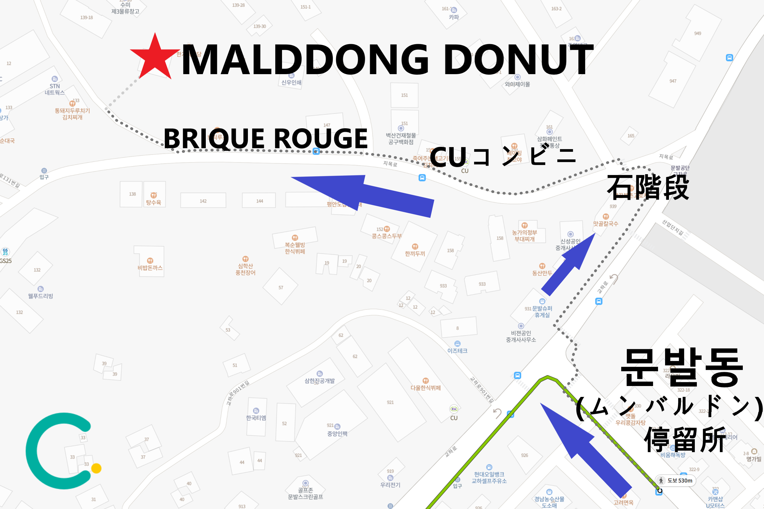 文発洞バス停からMALDDONG DONUTへの最寄りの詳細な地図