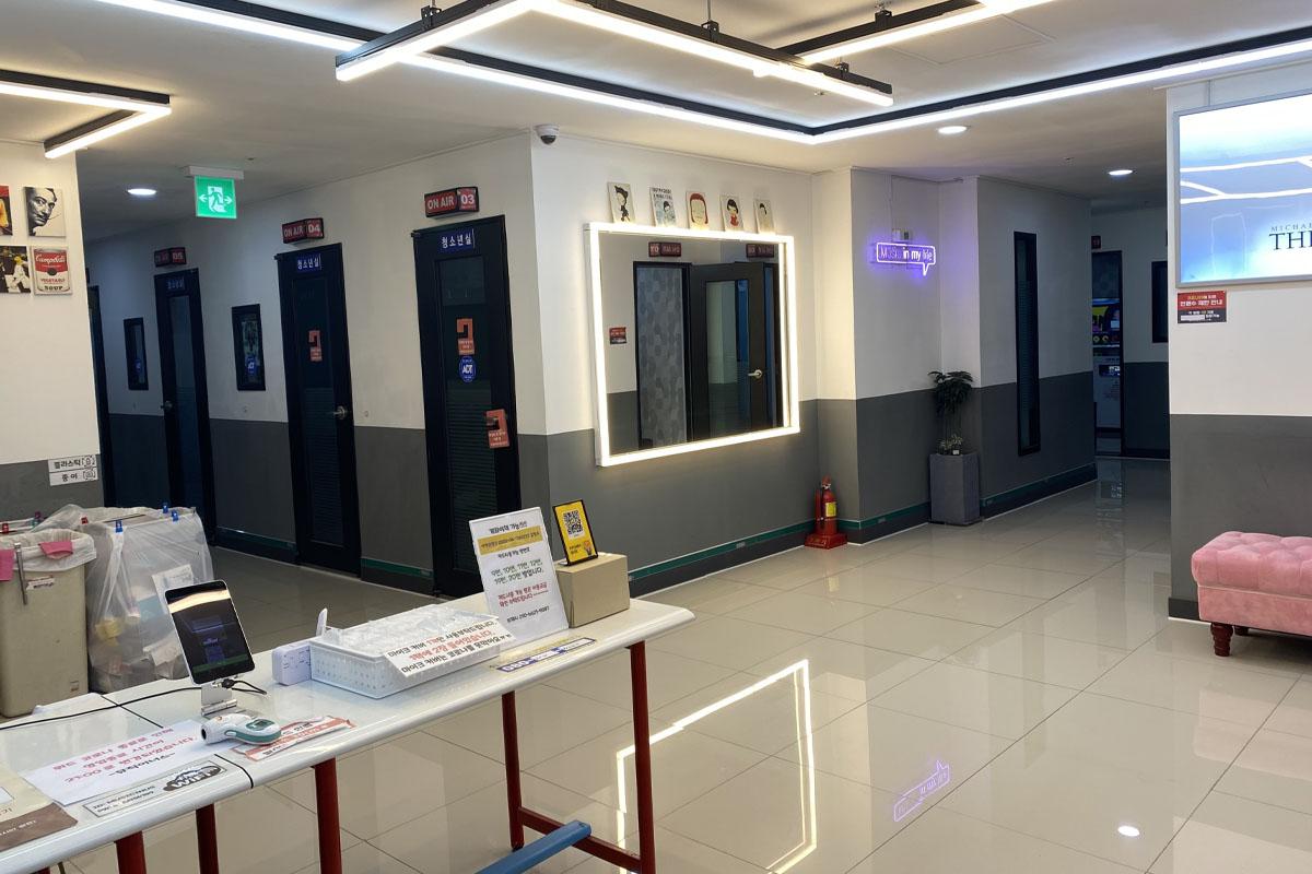 Interior view of rooms in a coin karaoke facility in Seoul, designed for musical entertainment and singing