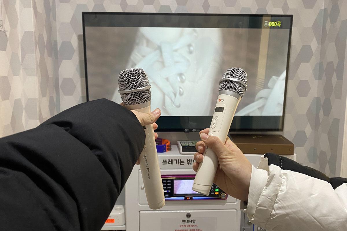 Holding microphones in front of a karaoke screen illustrating a music video during a singing session