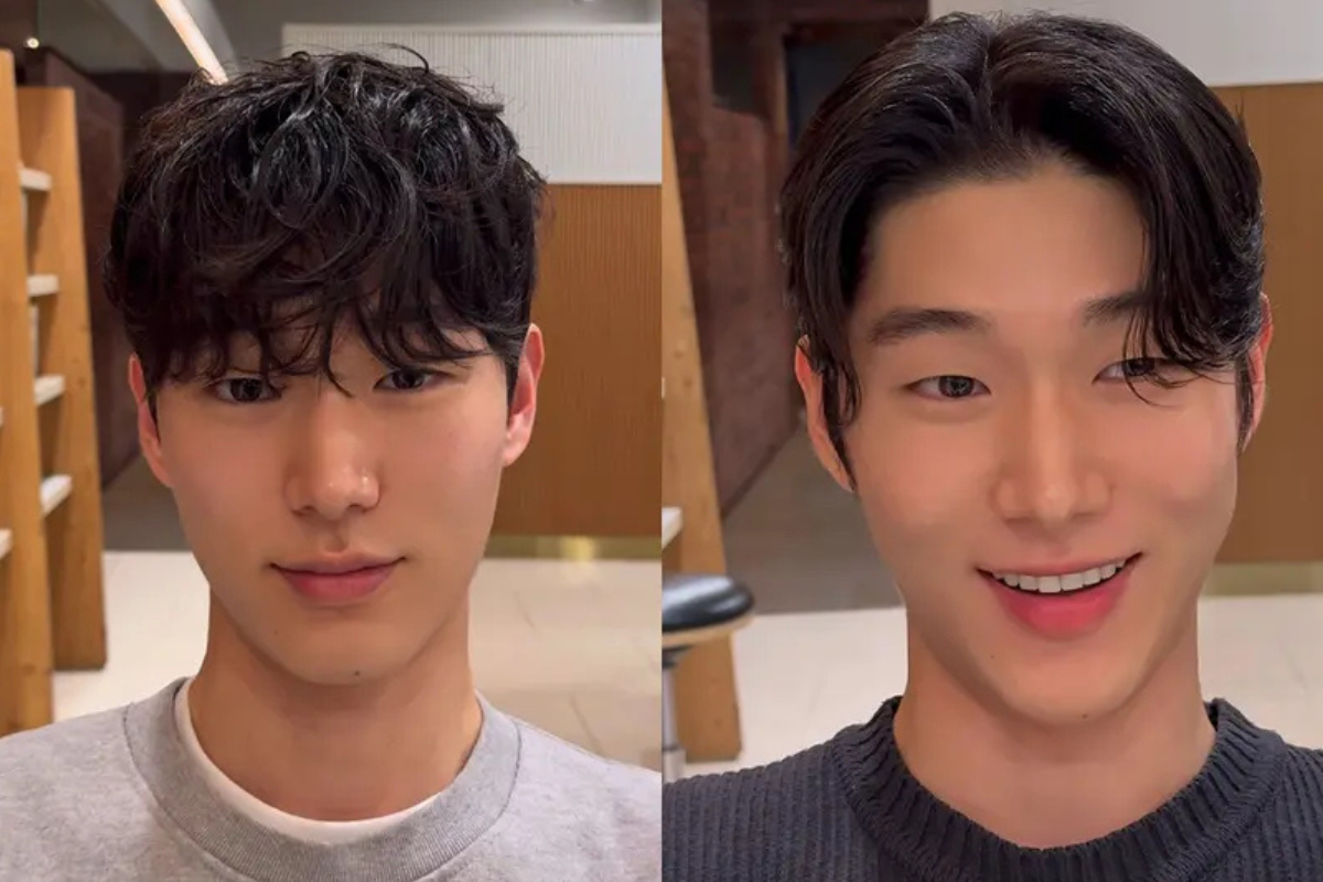 兩種男士髮型對比照,顯示出前後造型改變,適合簡約風格的設計。