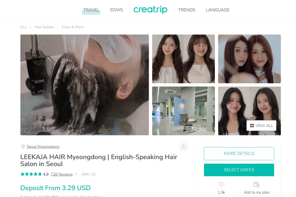 Creatrip booking recommendation for Myeongdong hair salons