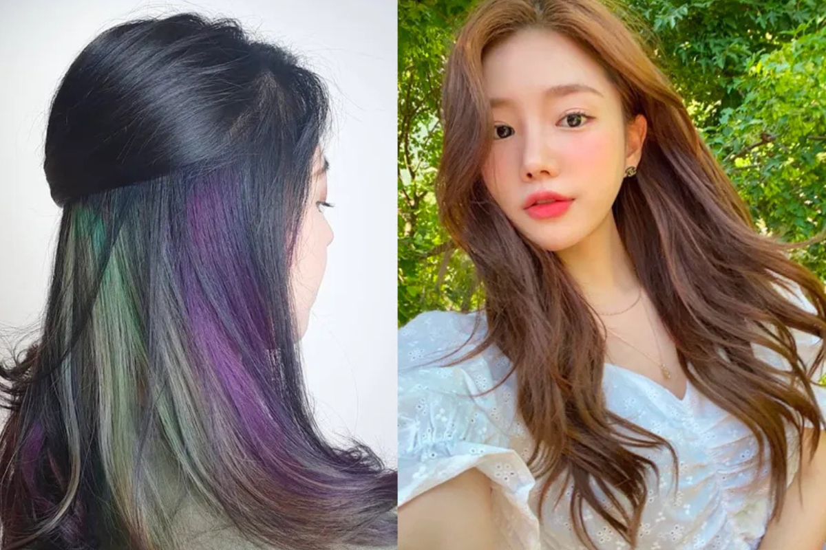 兩款染髮效果展示,一個是紫色挑染,另一個是自然捲設計,體現多樣化的造型選擇。
