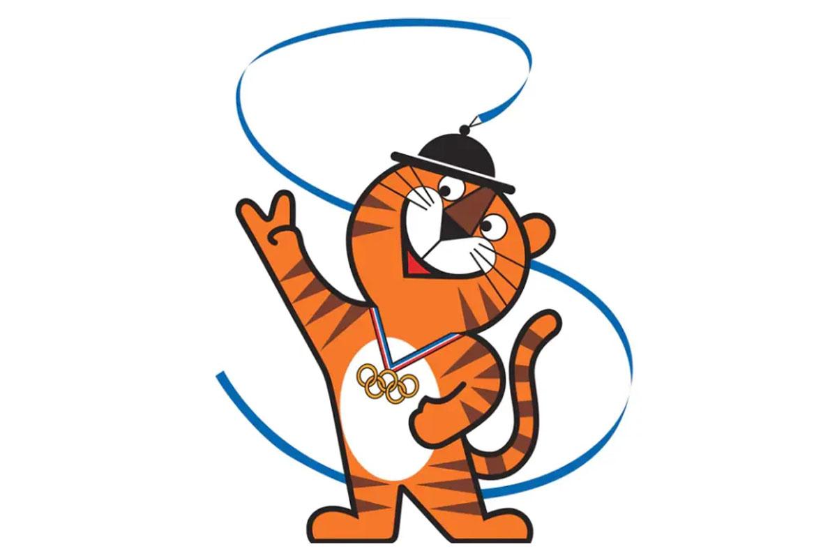 ホドリは1988年ソウルオリンピックの公式マスコット。オレンジ色の虎で、S字スタイルのリボンと五輪メダルを身につけ、元気に手を振っている姿です。