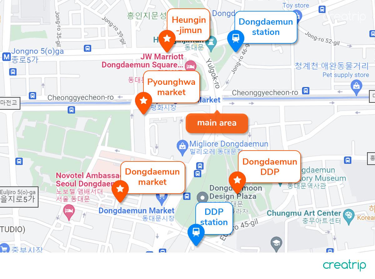 แผนที่ย่านทงแดมุนใกล้กับ DDP และสวนประวัติศาสตร์และวัฒนธรรมทงแดมุน