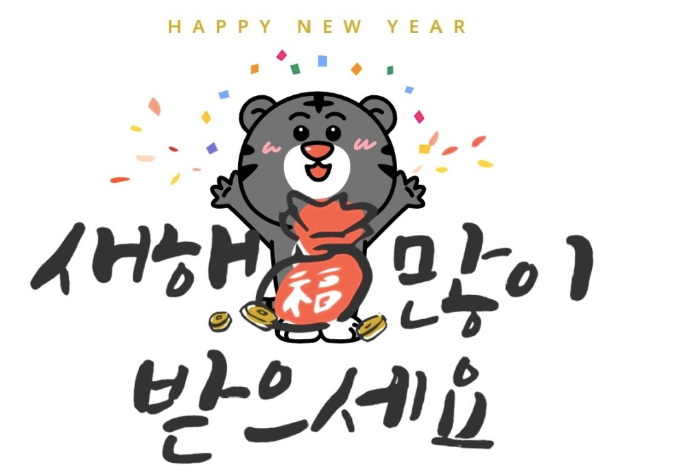 一只化装成福袋的卡通虎，庆祝2022年新年，旁边有韩语祝福语。