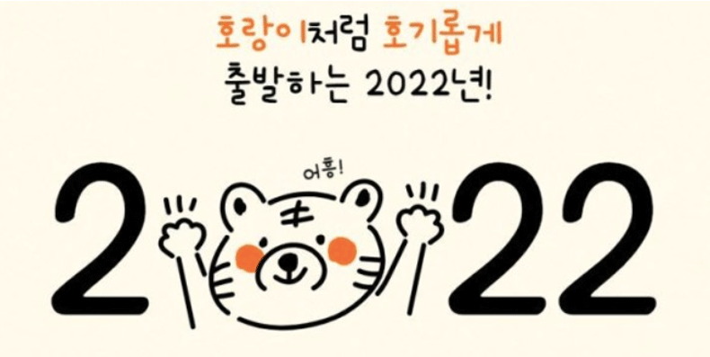 一只虎图案和可爱的表情陪伴着2022年的文字，表示虎年的启航。