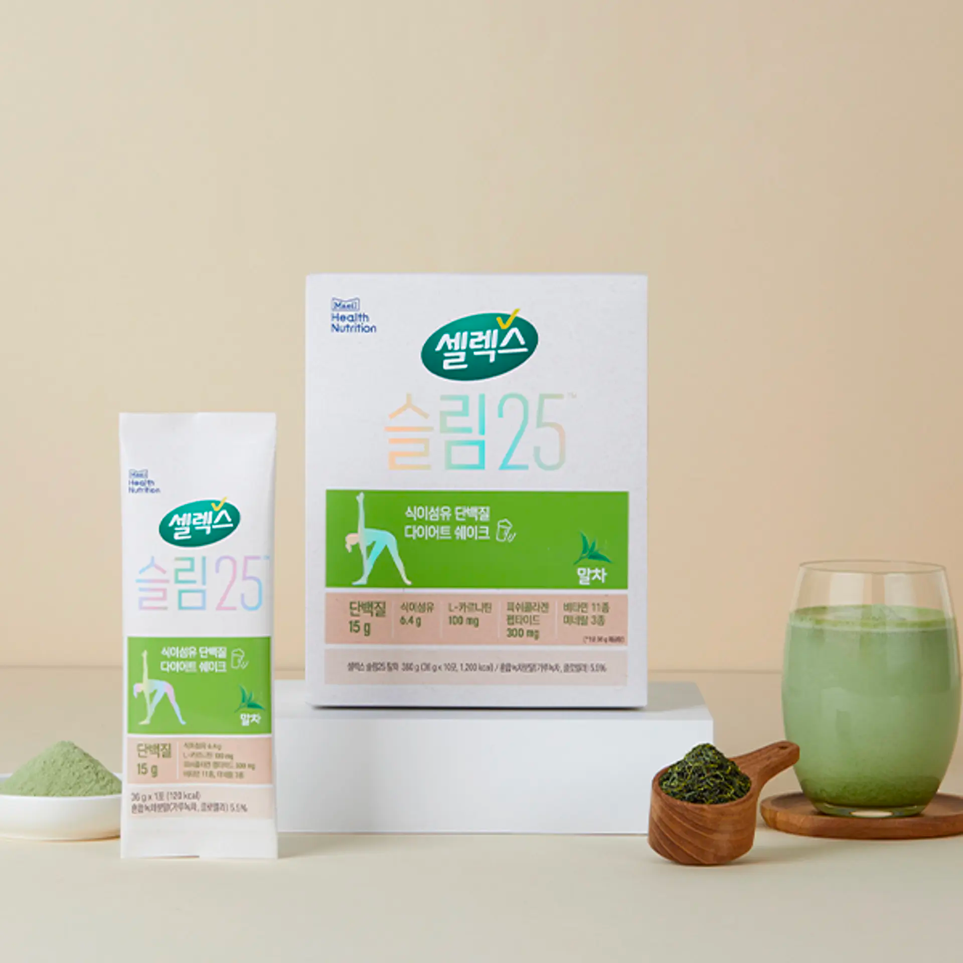 Selex Slim24 Matcha diet shake promotional image with matcha ingredients, highlighting product benefits.