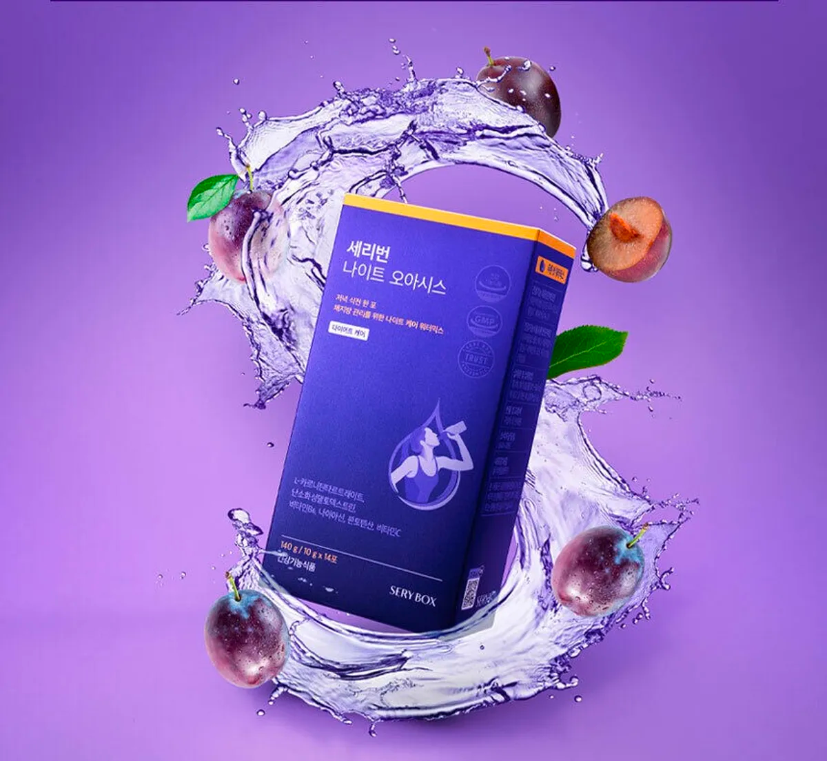 Seryburn Night Oasis box with a splash of water and prune illustrations in a purple-themed promotional image.