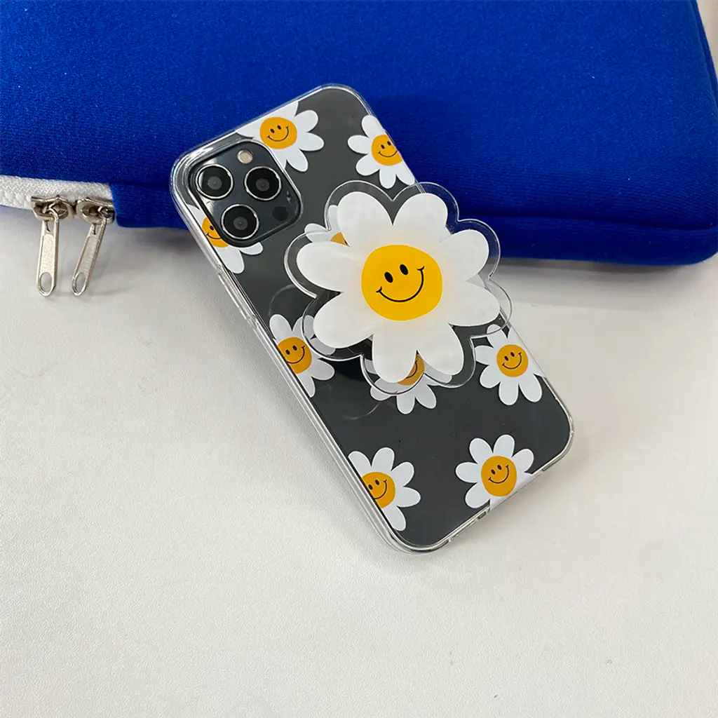 Funda de teléfono con diseño de flor sonriente, estilo alegre y optimista ideal para cualquier atuendo.
