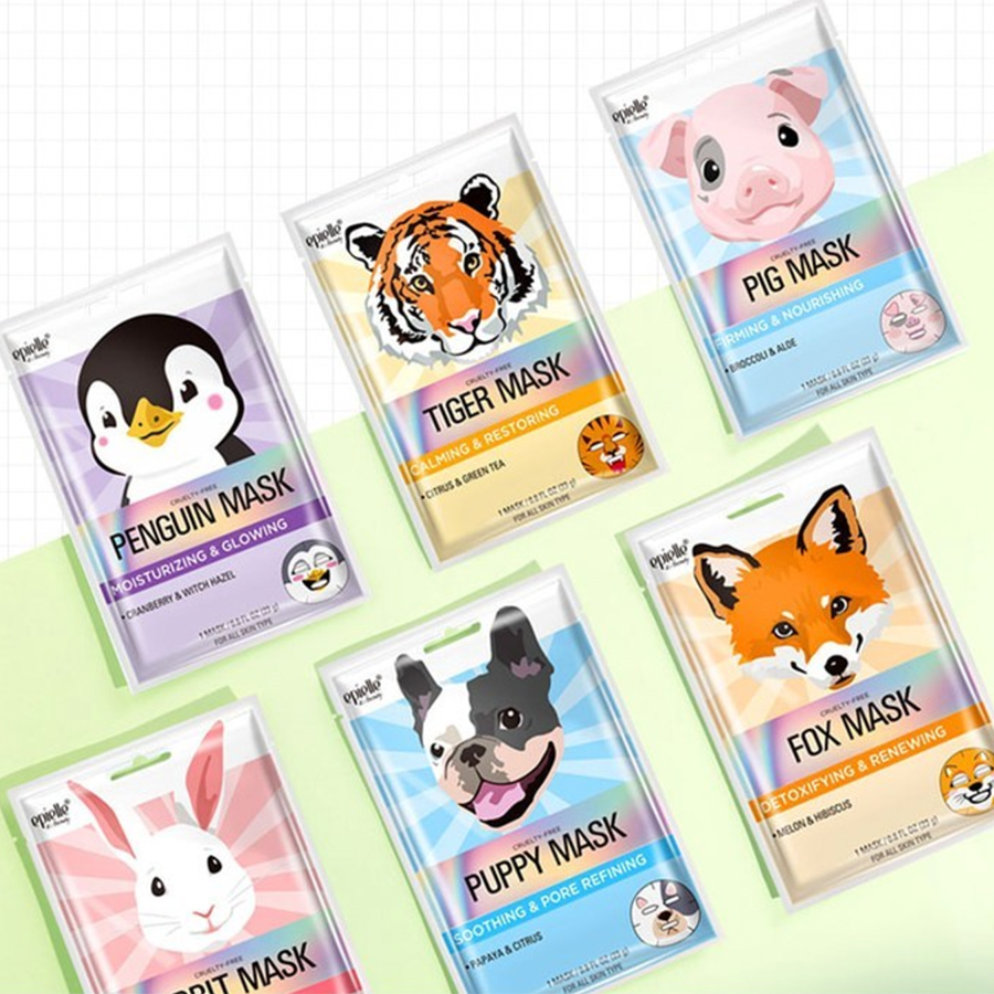 さまざまな動物のキャラクターマスクパックを紹介しているepielleブランドの商品画像