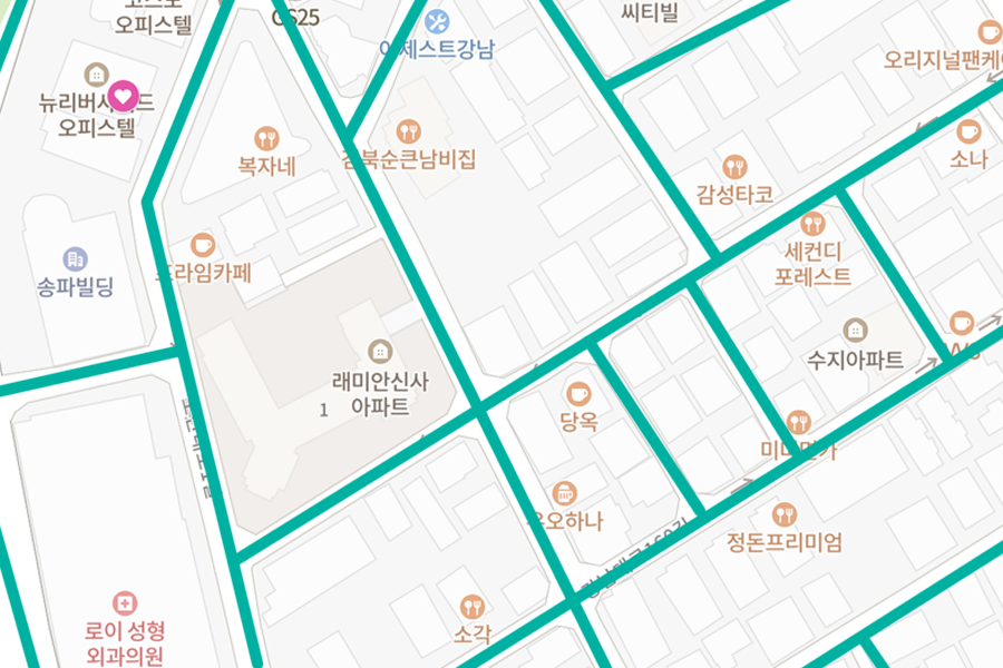 韓國新沙洞地圖，標示多條道路及建築物的區域劃分。