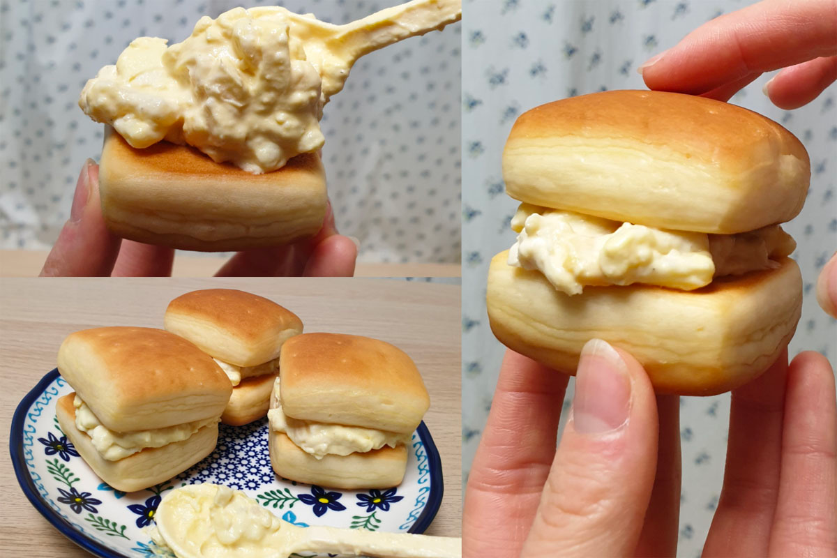 Cận cảnh bánh mì sữa với nhân salad trứng lòng đào hấp dẫn, một món ăn tiện lợi nhanh chóng và dễ làm.