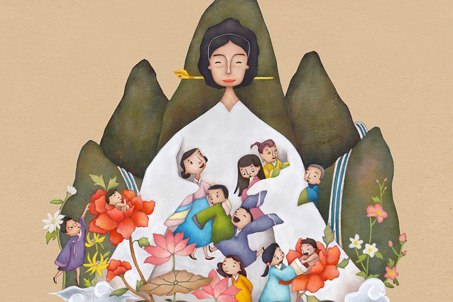 插图展示三神奶奶在韩国文化中的神圣地位及其在韩国家庭中的象征性。