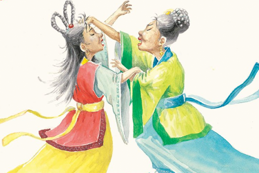 动画风格的插画，描绘三神奶奶和龙王女儿的互动场景。