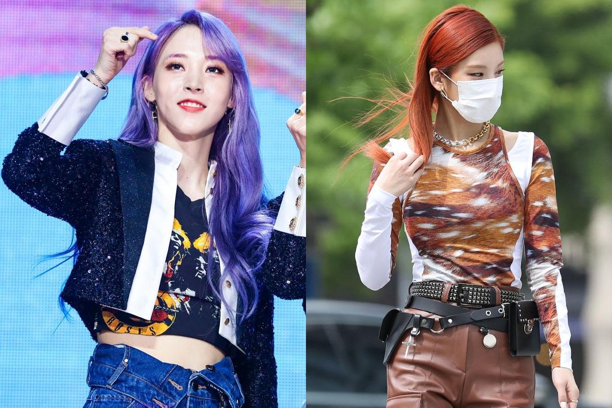 韓國明星展示大膽的紅色髮色，強調個人風格，搭配時尚服飾。