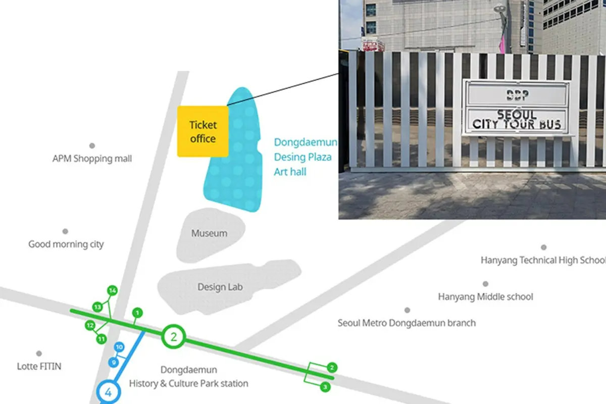 서울 시티 투어 버스 매표소 위치 지도 및 DDP 서울 시티 투어 버스 픽업 포인트 이미지.